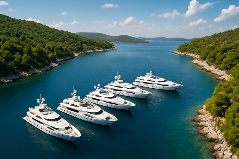 A fleet of yachts anchored along the Croatian coastline A fleet of yachts anchored along the Croatian coastline
