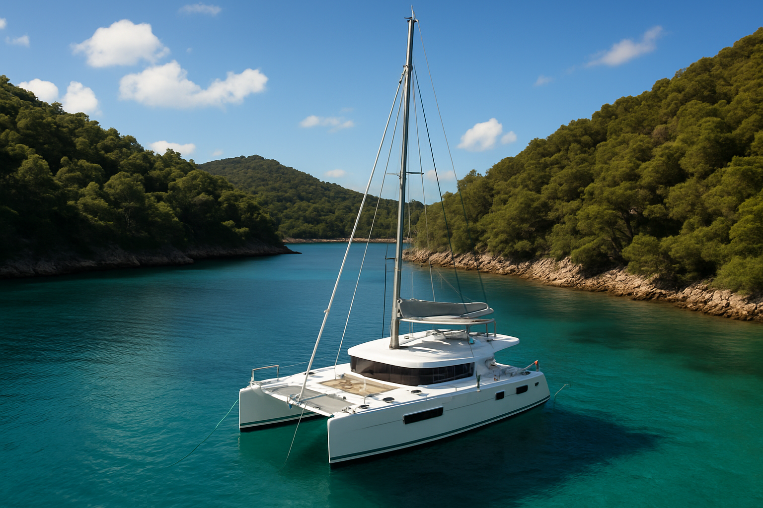 Spacious catamaran anchored in a secluded bay