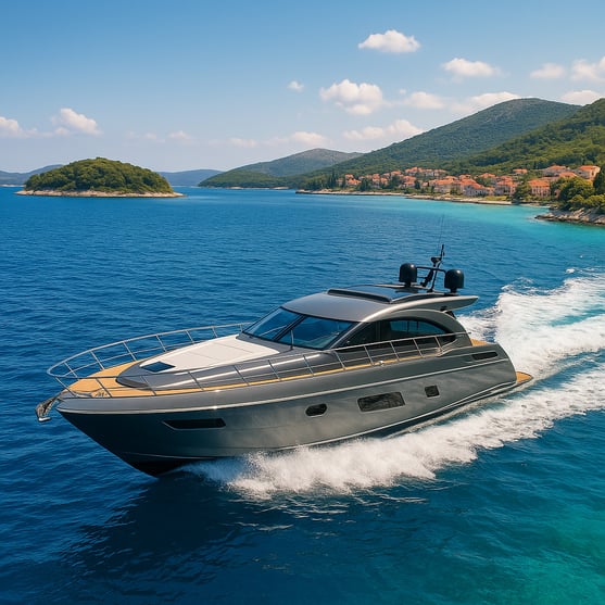 A sleek motor yacht gliding through the crystal-cl