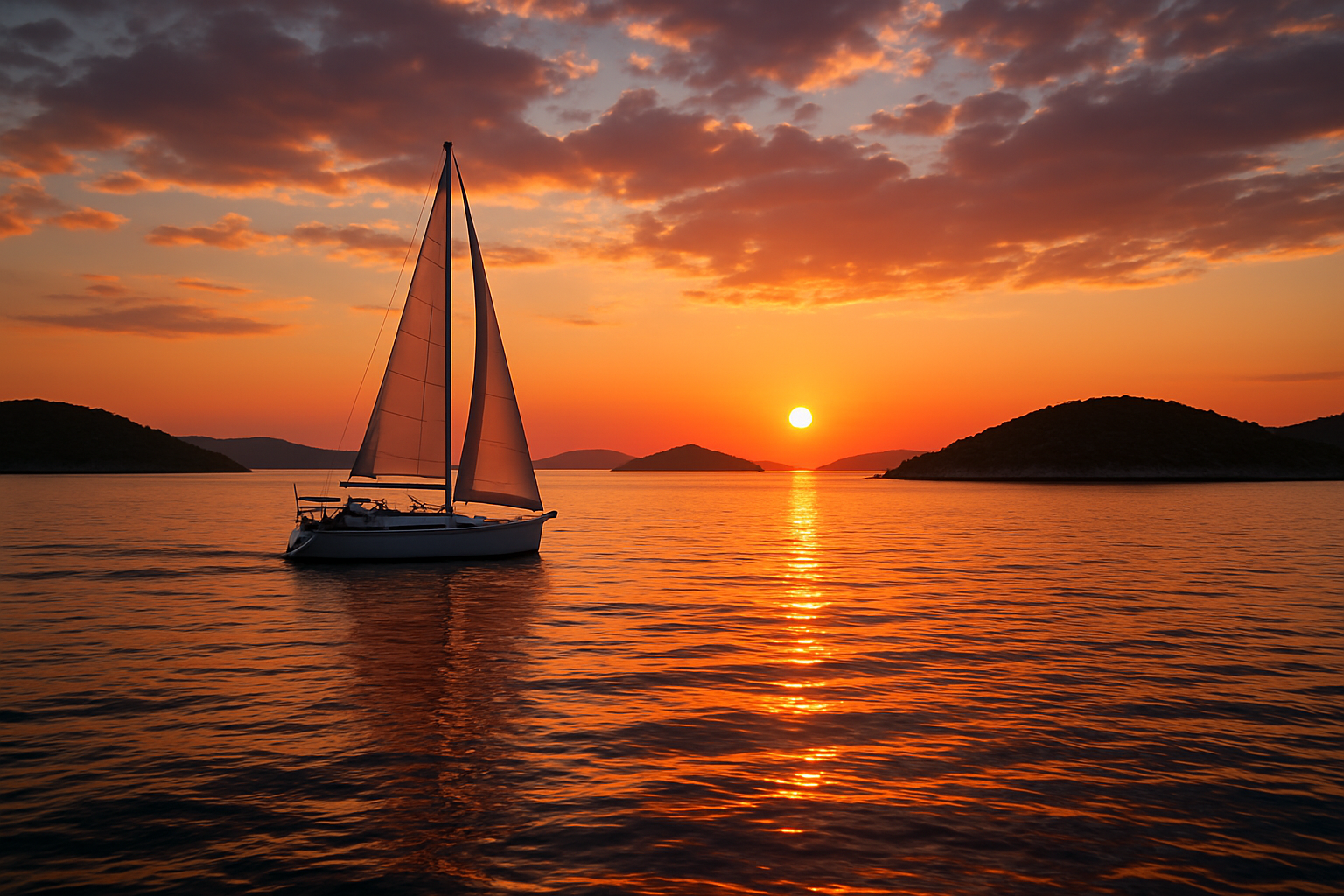 Sailboat gliding past Croatian islands at sunset