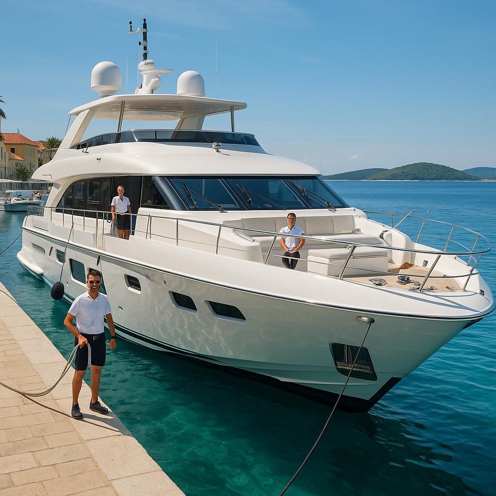 A luxurious motor yacht docked in a vibrant Croati